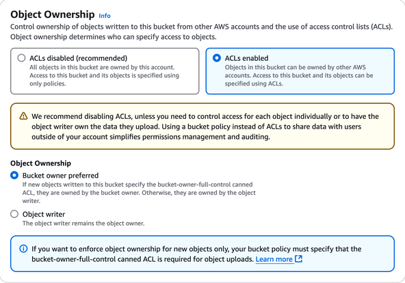 S3 bucket creation, object ownership dialog