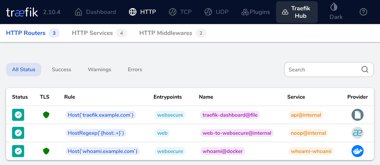 Screenshot showing the Traefik HTTP router overview, with the new whoami service